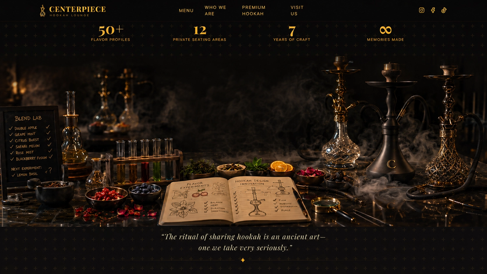 Centerpiece Hookah Lounge blend lab with experimental flavors, premium hookahs, and handcrafted design notes